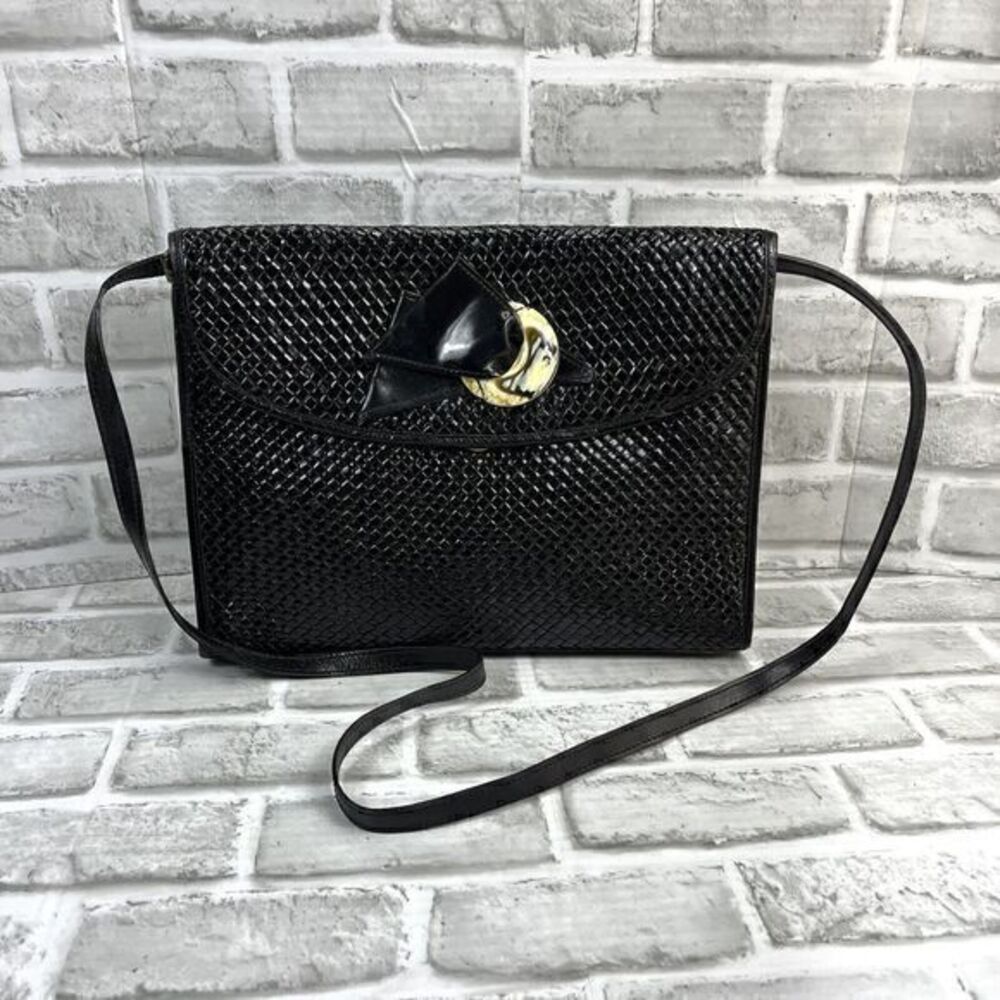 P. A. Bergnet Vintage Black Leather Woven Crossbody Clutch Purse